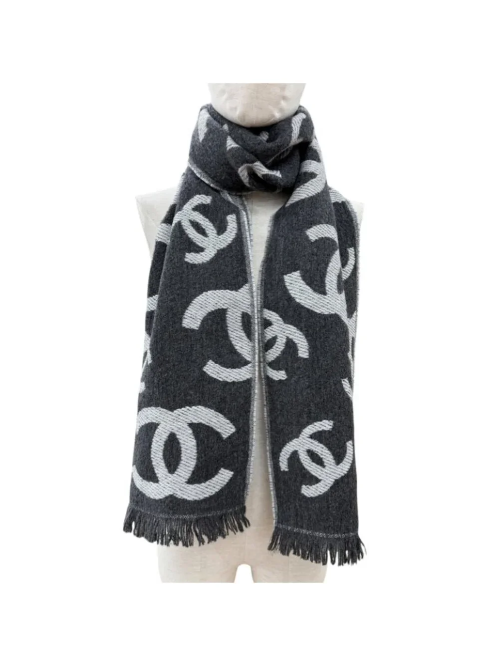 Chanel Wool Cashmere Blend CC Logo Scarf Shawl with Fringe Gray